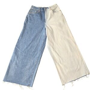Two Tone Jeans High Rise Wide Leg Raw Hem Trendy Size 6 Baggy Streetwear